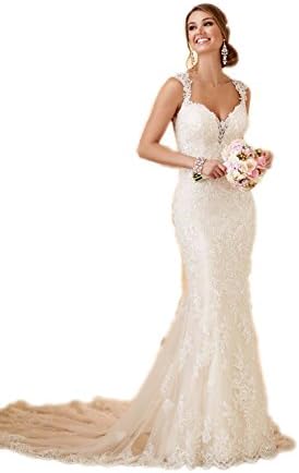 Magydre Women's Lace Strap V Neck Chapel Train Bridal Mermaid Gown Wedding Dress Ivory US8