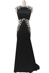 High-Neck Floor Length Open-Back Lace Beaded Mermaid Natural   Waistline Cap Sleeves Polyester Prom Dress 