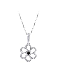 Sterling Silver, Black and White Diamond Floral Pendant with Chain (3/8 cttw)
