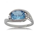 Solid 14KT White Gold Bypass Ring Blue Topaz Diamond