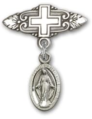 Sterling Silver Baby Badge with Miraculous Charm and Badge Pin with Cross