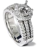 .90CT 14k White Gold Round Brilliant Cut Halo Diamond Semi Mount Engagement Setting & Matching Wedding Ring Band Set Color (G/H) Clarity (I1) Size 6