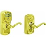 Schlage FE595 V PLY 505 FLA Plymouth Keypad Entry with Flex-Lock and Flair Style Levers, Bright Brass