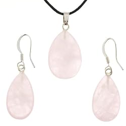 Rose Quartz Pear Shaped Pendant and Earrings Set - 15x22mm Pendant, 12x20mm Earrings - Adjustable Cord Necklace
