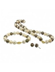 14K 9-10mm dyed chocolate, champagne and gold freshwater cultured pearl necklace, bracelet and earring set.