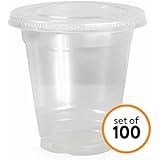 Clear Plastic Disposable Cups for Iced Coffee Bubble Boba Tea Smoothie, 12 oz - 100 Sets with Flat Lids