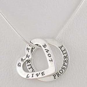 Double Sided Heart Shaped LIVE, DREAM, LOVE and Round PROSPERITY Affirmation Band Pendants in Sterling Silver on a 20" Snake Chain, #9845