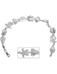 925 Solid Sterling Silver Nautical Charm Bracelet, 7.5"" Multi Shell & Sea Life