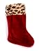 Red Plush Christmas Stocking with Animal Print Trim - Brown/Black Leopard Spots on Tan Faux Fur