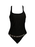 Anne Cole Collection Black Pinstripe One Piece Racerback Swimsuit W/clear Chained Belt 12