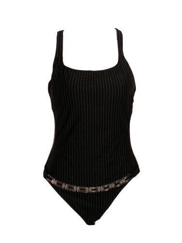Anne Cole Collection Black Pinstripe One Piece Racerback Swimsuit W/clear Chained Belt 12