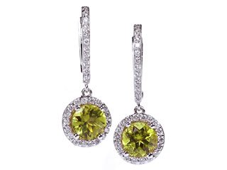Peridot and Diamond 18k White Gold Hoop Earrings Ctw 3.00