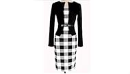 Belted Long Sleeves Plaid Print Knee Length Cotton/Polyester/Knit Sheath Tunic 