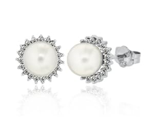 9ct White Gold 0.25ct Diamond and Pearl Cluster Stud Earrings