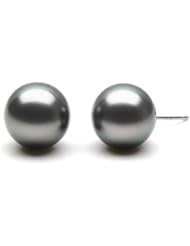 HinsonGayle AAA Handpicked Genuine French Polynesian 10.0-11.0mm Silver Black Tahitian Cultured Pearl Stud Earrings (Solid 14K White Gold)