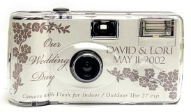 10 Pack Personalized Silver Rose Wedding Cameras - Matching Table Cards Included - 27 Exposures - Built-in-flash - 35mm - 400 ISO Film