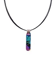 Necklace / Pendant - XP-70- Genuine Handmade Dichroic Glass Pendant Hung on a 16" Stainless Steel Black Colored Multi-Strand Cord + 2" Extension Chain ~ .925 Sterling Silver