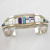 Southwestern Native American Handmade Opal and Sugilite and Turquoise Channel Inlaid Cuff Bracelet in 14kt Gold and Sterling Silver by Navajo Artists Jim Harrison and Wilbur Manning, #11253