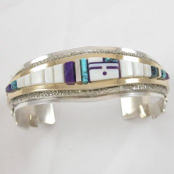Inlaid Sterling Silver,14kt. Gold, Opal and Sugilite Bracelet by Jim Harrison and Wilbur Manning, #11253
