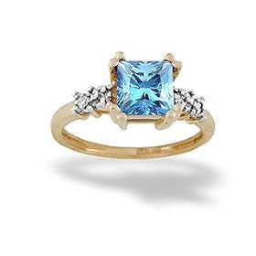 14K Yellow Gold Genuine Square Blue Topaz and Diamond Art Deco Ring by Jewels For Me