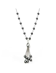 Sterling Silver Y-Necklace with 7mm Dyed Black Freshwater Round and Teardrop Pearls