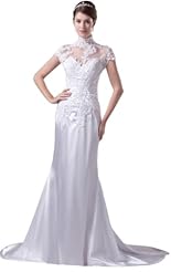 Short Sleeves Lace Beaded Sheath  Dress with a Chapel Train 