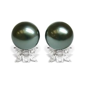 18K white gold Veda Black Tahitian cultured pearl and diamond earring by American Pearl