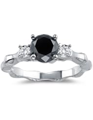 2.00 Cts Black & White Diamond Three Stone Bamboo Style Ring in 18K White Gold