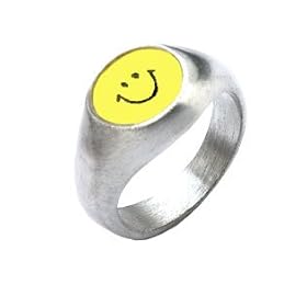 Yellow Smiley Face Silver Tone Pewter Ring