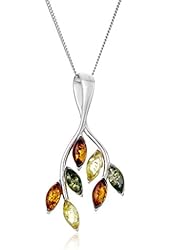 Sterling Silver Multi-Color Amber Leaf with Chain Pendant Necklace, 18"