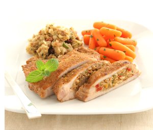 Stuffed Cajun Pork Chop w Apple Pecan Stuffing & Baby Carrots by Dinewise.com