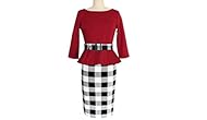 Knee Length 3/4 Sleeves Cotton/Polyester/Spandex Sheath Plaid Print  Dress