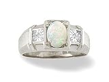 14K White Gold Genuine Oval Opal and Diamond Men's Ring