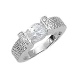 Sterling Silver Engagement Ring With Oval Cubic Zirconia In Half Bezel Setting With Diamond Cut Sides