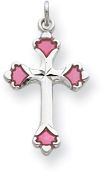 Pink Enameled Cross Charm, Sterling Silver