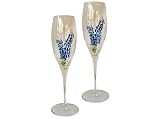 ArtisanStreet's Bluebonnet Champagne Flutes. Set of 2 Italian Crystal Glasses Each Hand Painted in Design of Two Brilliant Bluebonnet Blossoms. One of a Kind, Signed by Artisan.