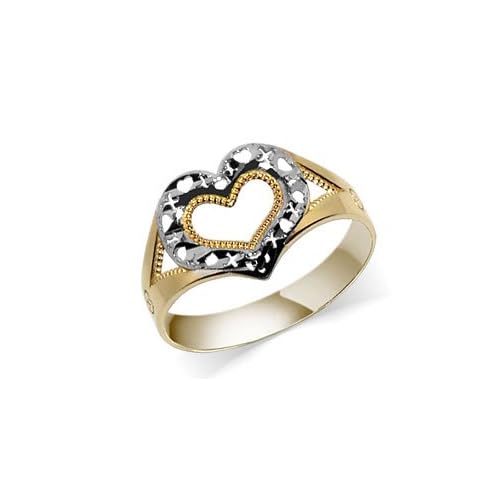 Womens Exquisite 10 KT Two Tone Diamond Cut Heart Band 10K Ring Womens Exquisite 10 KT Two Tone Diamond Cut Heart Band 10K Ring