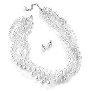 New Ladies 5 Row White Pearl Necklace And Earring Set
