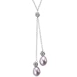 Isabella Silver Rose Lariat Necklace w. Twin 9-10mm Cultured Pearl Drops, Lavender