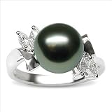 Size 6 18K Bamboo Black Tahitian south sea cultured pearl and diamond ring