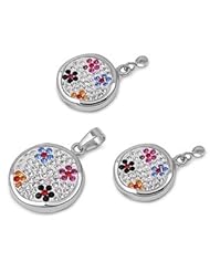 Sterling Silver Multicolored CZ Fancy Round Earring Pendant Set