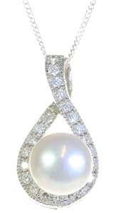 Pendentif + Chaîne Femme Argent fin 925 Perle de Chine 9.0mm Blanc avec Oxyde de Zirconium