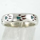 Southwestern Style Bear Paw Band Ring in Sterling Silver with Turquoise and Coral Inlay for Men or...