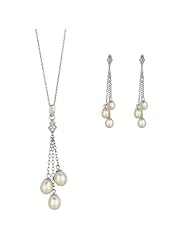 .925 Sterling Silver Fresh Water Pearl CZ Drop Necklace & Earrings Set