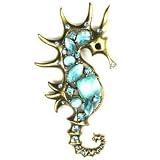 Blue Austrian Rhinestone & Beads Sea Horse Design Brass-Tone Brooch Pin