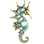 Blue Austrian Rhinestone & Beads Sea Horse Design Brass-Tone Brooch Pin