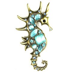 Blue Austrian Rhinestone & Beads Sea Horse Design Brass-Tone Brooch Pin