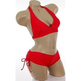 Womens Junior Size Swimwear Cute Sexy RED Boyshorts Halter Bikini 2 pc Swimsuit