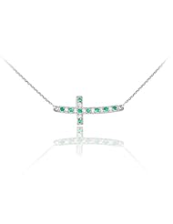 14k White Gold Diamond and Emerald Sideways Curved Cross Necklace