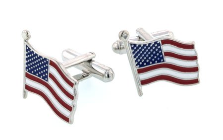 Patriotic silver plated and enamel US American Flag Star and Stripes cufflinks crafted in the U.S.A. with presentation box